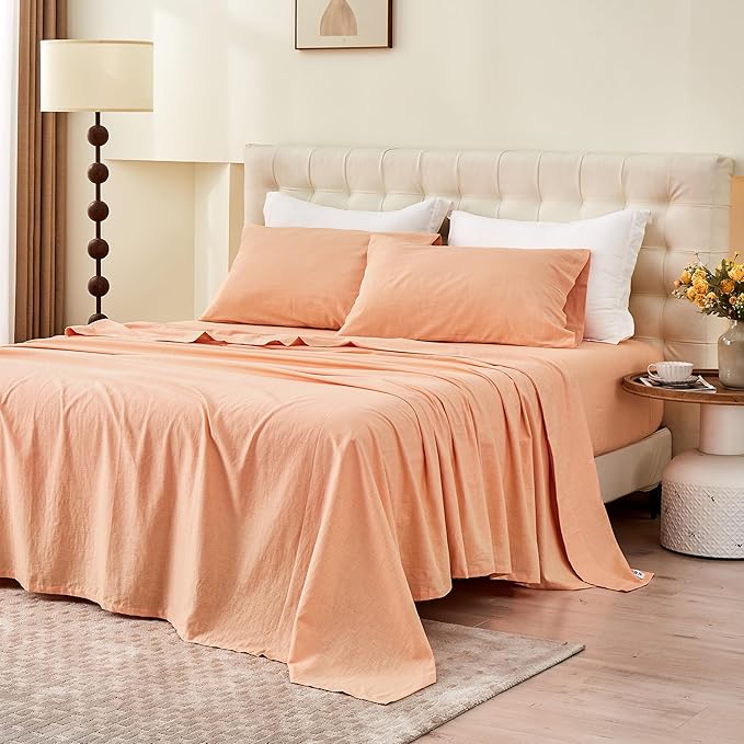 BISELINA Linen Sheet French Flax Flat Sheet Only 55% Euro Linen 45% Cotton Basic Style Solid Color Soft Breathable Farmhouse Top Sheet 1-Piece (Full, Peach)