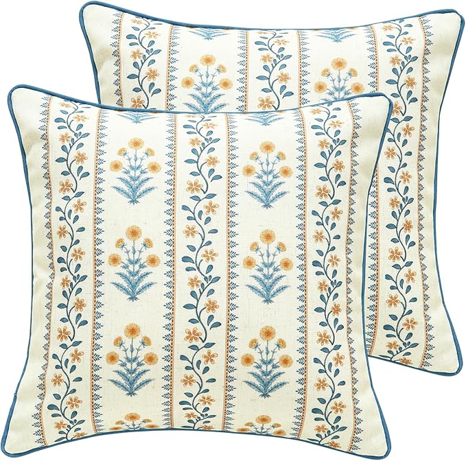 ISAENNE Design Square Simple Elegant Linen Throw Pillow Covers 18"x18" Pack of 2, Blue Yellow Floral Pattern Cushion Covers Decor Pillowcases for Bed,Living Room,Outdoor,Car