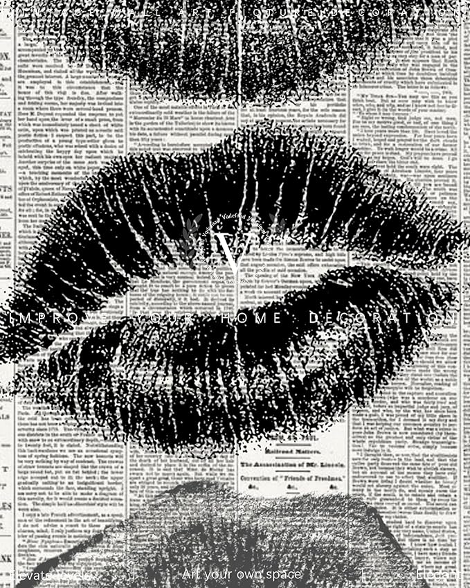 Vodefoad Trendy Newspaper Kiss Lips Wall Art Canvas Prints Disco Poster for Teen Girly Bedroom Apartment Vintage Black & White Newspaper Wall Dec Bar Cart decor -8x10 Unframed