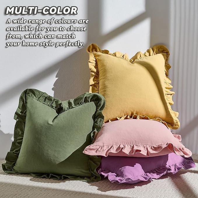 AmHoo Pack of 2 Throw Pillow Covers 100% Cotton Pre Washed Ruffle Decorative Pillowcase Cushion for Couch Sofa Bedroom 24 x 24-Inch Bridal Rose