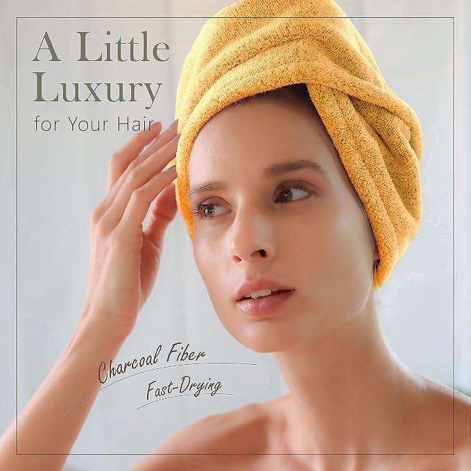 myHomeBody Hair Towel Wrap, Quick Drying Turban, Absorbent Cap – Mango | Hair Turban Towel for wet hair, Ultra Soft Charcoal Fiber Cap, Towel Head Wrap for bathing with Coconut Shell Button