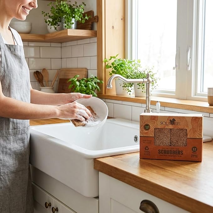 SQUIRREL Natural Coconut Coir Fiber Kitchen Scrubbers 12 Pack Biodegradable Non Scratch Dish Sponges for Eco Friendly Household Cleaning and Zero Waste Living