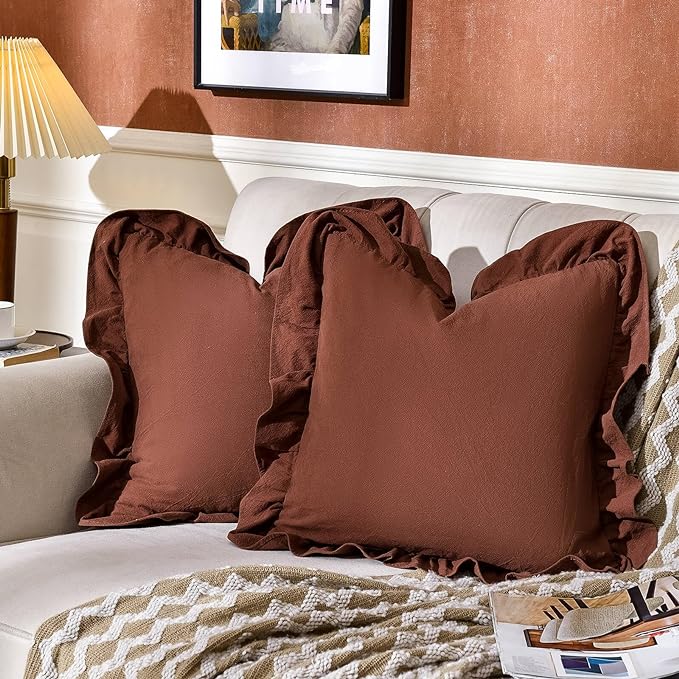 AmHoo Pack of 2 Throw Pillow Covers 100% Cotton Pre Washed Ruffle Decorative Pillowcase Cushion for Couch Sofa Bedroom 18 x 18-Inch Brown
