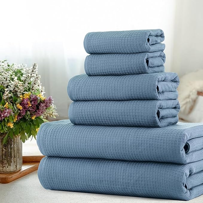 CASA COPENHAGEN Waffle 6Pcs 100% Egyptian Cotton Large Designer Towels Gift Set- Dusty Blue, 2Bath 2Hand 2Washcloths, Bath Towels for Bathroom (Box Pack, Set for Women & Men)