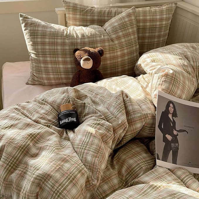 mixinni Twin Size Duvet Cover Set - 3 Piece Washed Cotton Vintage Geometric Plaid Bedding Set with Zipper Closure, Soft & Breathable Green Pink White Buffalo Check Pattern for All Seasons