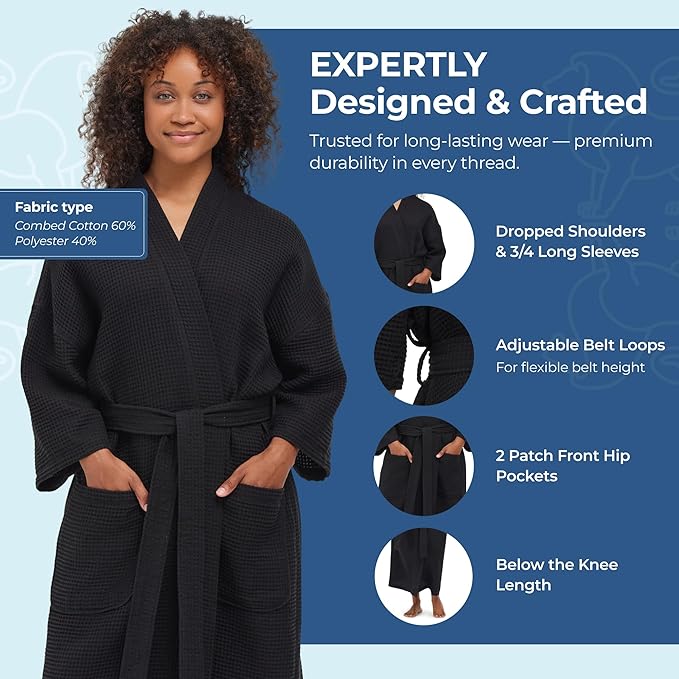 MONARCH Unisex Square Waffle Spa Kimono Robe – Soft Lightweight Fabric & Generously Sized Hotel & Spa Robe with Pockets
