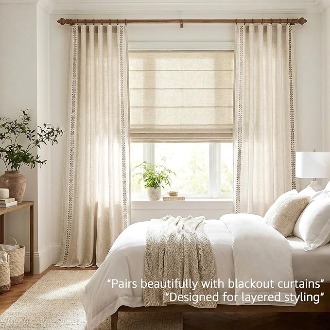 jinchan Beige Linen Blend Curtains with Woven Trim Boho Curtains 96 Inches Length 2 Panels for Living Room Bedroom Light Filtering 50 Inches Wide Rustic Farmhouse Drapes with Rod Pocket Back Tab Ecru