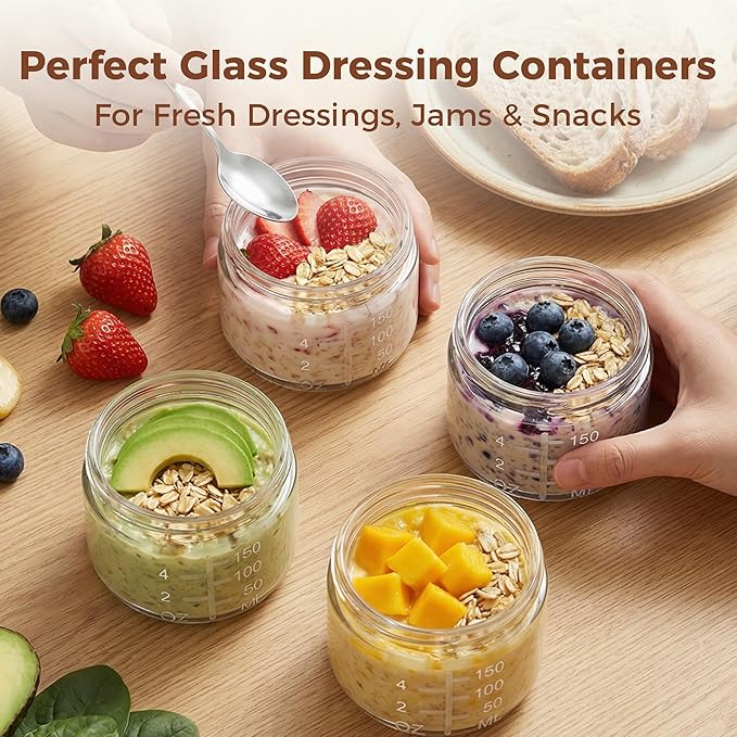 6oz Glass Jars with Airtight Lids - 6 Pack Overnight Oats Containers with Bamboo Lids, Small Food Containers with Measurement for Yogurt, Salad, Chia, Wide Mouth Mason Jar with Lid for Food Storage