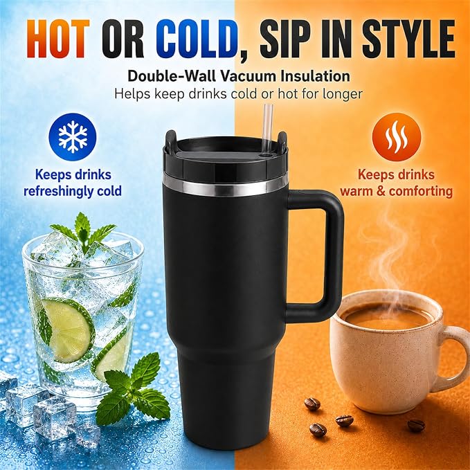 Pandance 4 Pack 40 oz Tumbler with Handle and Straw Bulk, Neutral Mix | Stainless Steel Vacuum Insulated Travel Mug, Sturdy Screw-on lid, Cup Holder Friendly, Large Capacity Cup For Iced Coffee