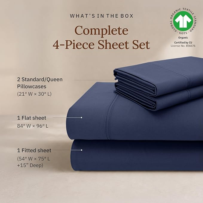 California Design Den Full Sheets Set - 100% Organic Cotton Sheets Full Size, Soft and Lightweight Sateen, Deep Pockets, Durable Bedding - Navy