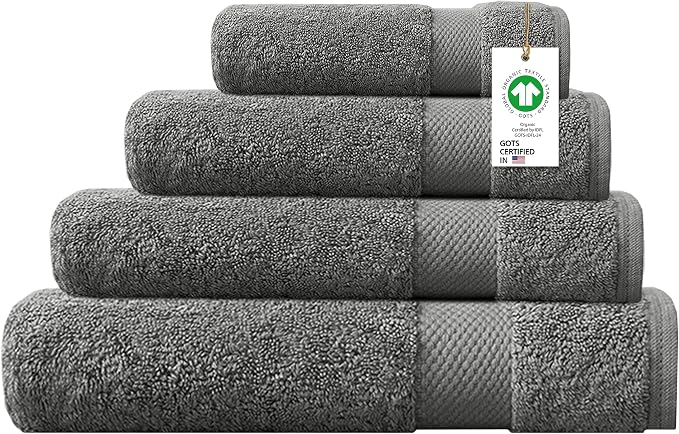 100% Organic Cotton Towels 650 GSM Plush Feather Touch Quick Dry Towel, 4-Piece Towel Set GOTS Certified, Oeko-Tex Green Certified, 1 Bath Towel, 1 Bath Sheet, 1 Hand Towel & 1 Wash Cloth