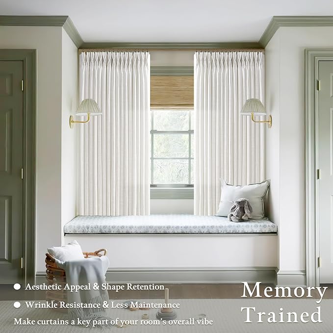 Beige White Pinch Pleated Linen Curtains 54 Inch Long for Kitchen with Rings Hooks Back Tab Light Filtering Farmhouse Short Semi Sheer 54 Inch Curtain for Dining Room Bedroom Small Window W50xL54