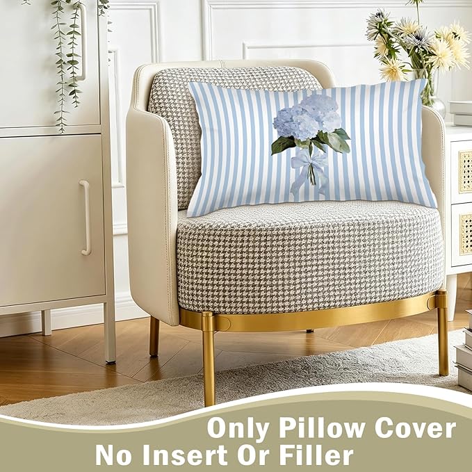 Blue Hydrangea 12x20 Pillow Cover,Blue Hydrangea Decor,Grandmillennial Blueness and Green Botanical Flower Lumbar Throw Pillow Covers for Couch Sofa Home Bedroom Living Room