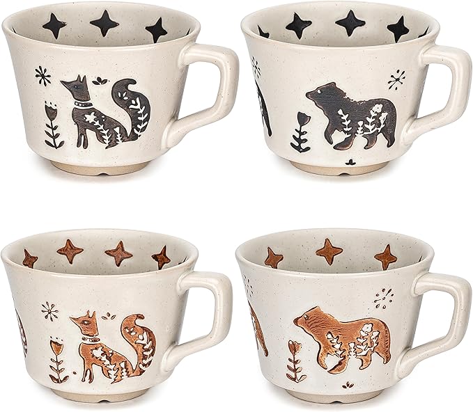 Ceramic Coffee Mug, 11 oz Small Novelty Unique Teacup with Handle, Stoneware Cup for Tea Mocha Latte Cappuccino (Set of 4, Fox and Bear)