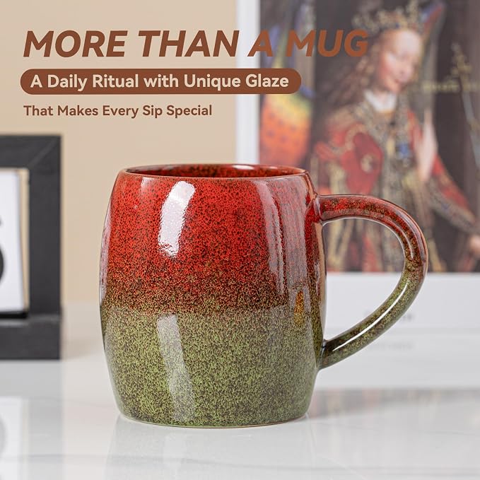 Handmade 22oz Ceramic Coffee Mug, Ergonomic Large Handle, Ideal Gift for Coffee Lovers, Microwave & Dishwasher Safe (Minute-Red&Green)