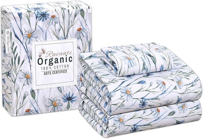 RUVANTI 100% Cotton Organic Percale Sheets Twin XL Size – Crisp Cooling Bed Sheets for Hot Sleepers, Deep Pocket 15”, Soft Peach Finish, Breathable & Durable Hotel-Style 3 Pcs, Daisy Bud