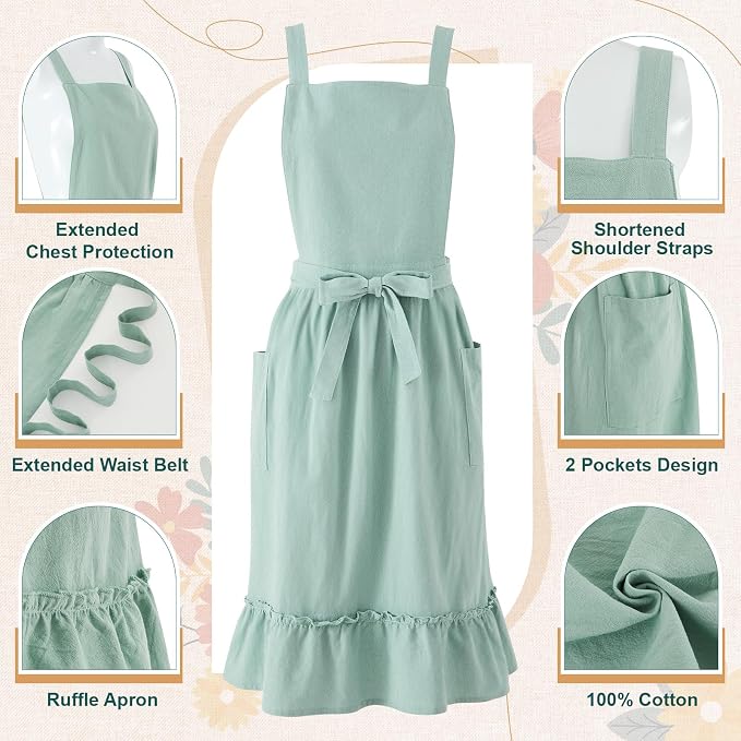 100% Cotton Aprons with Pockets Pinafore Dress for Women Vintage Cute Aprons for Kitchen Baking Gardening Painting