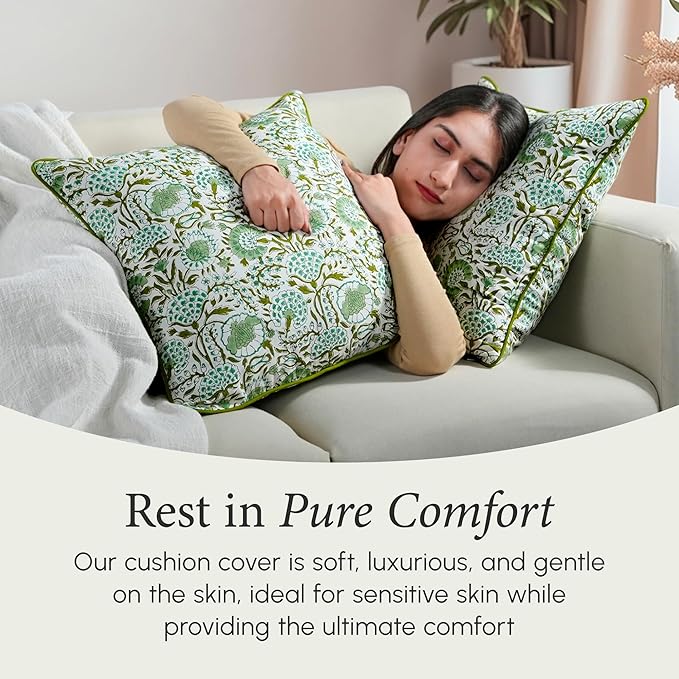 CPC 100% Cotton Throw Pillow Covers 20x20 Inch, Set of 2 Green Block Print Pattern Couch Pillow, Cute Boho Decorative Pillows for Living Room, Bedroom with Hidden Zipper- Agate Green