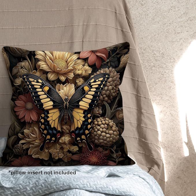 Moody Butterfly Floral Throw Pillow Cover Gifts 18x18, Vintage Dark Cottagecore Academia Decor Pillow Cases for Bedroom Living Room, Cottage Core Decorative Pillowcases for Couch Bed Sofa