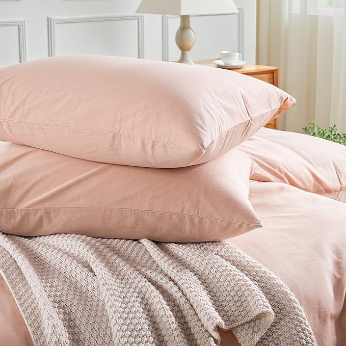 NEXHOME PRO Duvet Cover Set Queen Size Linen Feel Textured Organic Natural 100% Washed Cotton Duvet Cover 3 Pieces Bedding Set with Zipper Closure, Breathable Dusty Pink (No Comforter)