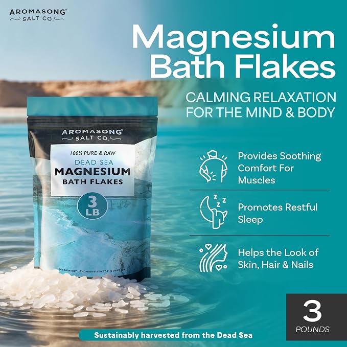 Aromasong Dead Sea Relaxation Bundle: 5 lbs Raw Dead Sea Salt + 3 lbs Magnesium Flakes for Bath Soaks and Skin Care