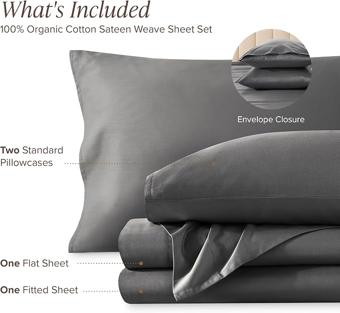 Bare Home 100% Organic Cotton Full Sheet Set - 400 Thread Count - Smooth Sateen Weave - Breathable & Cooling - Hotel Luxury Set - Deep Pocket Bed Sheets (Full, Grey)
