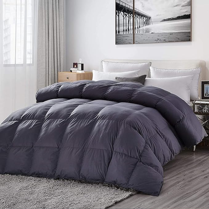 Luxurious Full/Queen Goose Down Comforter, Unique Gray Solid, 600 Thread Count, 100% Egyptian Cotton Cover, 70 Oz Fill Weight, 750 Fill Power
