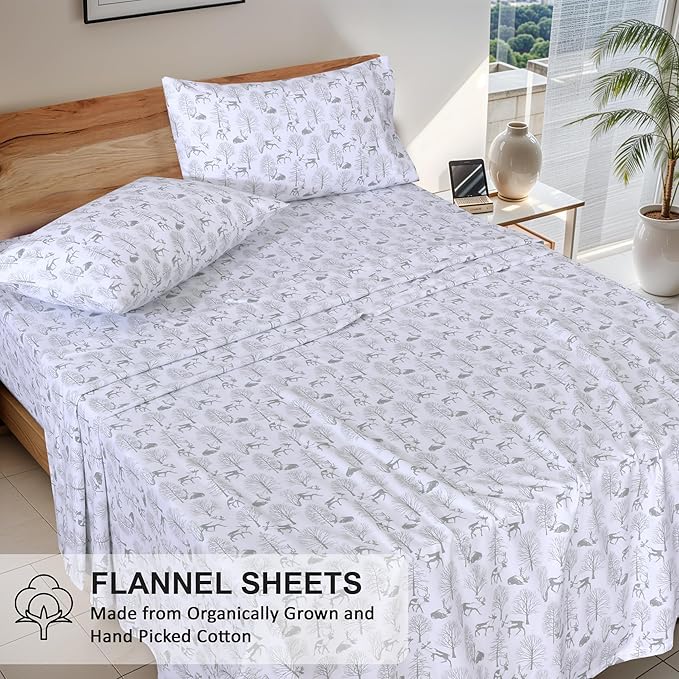 RUVANTI Flannel Sheets Full Size - GOTS Certified 100% Organic Cotton, 4 Piece Warm, Soft & Breathable Set, Deep Pocket Snug Fit, Double Brushed Cozy All Season Bedding, Reindeer Rush