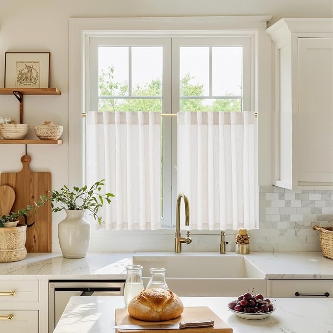 NICETOWN Linen Cream Curtains 24 inches Long for Kitchen, Rod Pocket & Back Tab Thick Flax Blend Privacy with Light Filtering Short Window Treatments for Bedroom, W55 x L24, 2 Panels