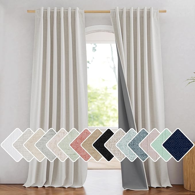 NICETOWN 100% Blackout Linen Curtains 102 inches Long 2 Panels, Thermal Insulated Curtains with Liner for Bedroom, Farmhouse Style Privacy Window Draperies, Alabaster Gray, W52 per Panel