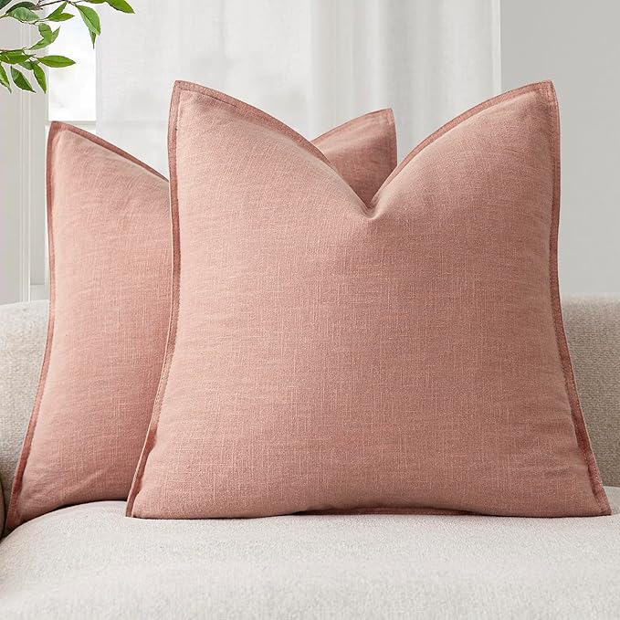 Foindtower Pack of 2, Decorative Linen Soild Throw Pillow Covers Soft Accent Euro Cushion Case Boho Farmhouse Pillowcase for Chair Couch Sofa Bedroom Living Room Home Decor 18 x 18 Inch Coral Pink