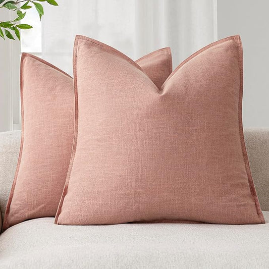Foindtower Pack of 2, Decorative Linen Soild Throw Pillow Covers Soft Accent Euro Cushion Case Boho Farmhouse Pillowcase for Chair Couch Sofa Bedroom Living Room Home Decor 18 x 18 Inch Coral Pink