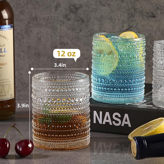 Amyoole 12oz Hobnail Drinking Glasses Set of 6,Clear Vintage Glassware Embossed Water Tumbler,Cocktail Glass Cups for Beer,Whiskey,Juice and Various Mixed Drinks