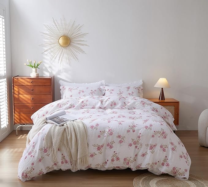 100% French Flax Linen Duvet Cover Set Queen Size, 3pcs Comforter Digital Botanical Printed Rose Farmhouse Floral Bedding with Button Closure and 8 Corner Ties(Pink Rose, Queen)