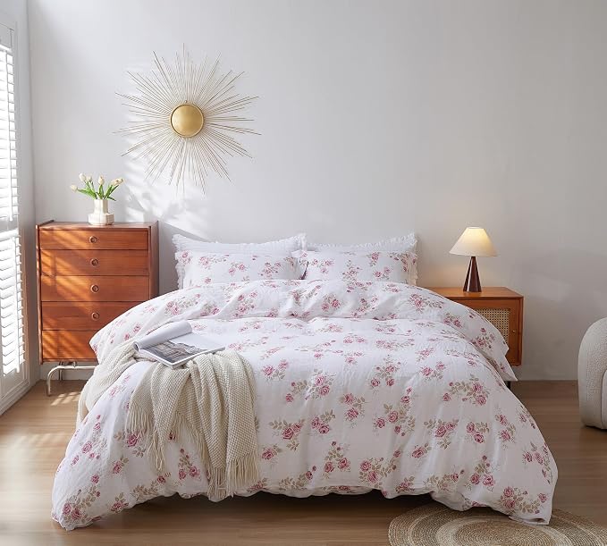 100% French Flax Linen Duvet Cover Set King Size, 3pcs Comforter Digital Botanical Printed Rose Farmhouse Floral Bedding with Button Closure and 8 Corner Ties(Pink Rose, King)