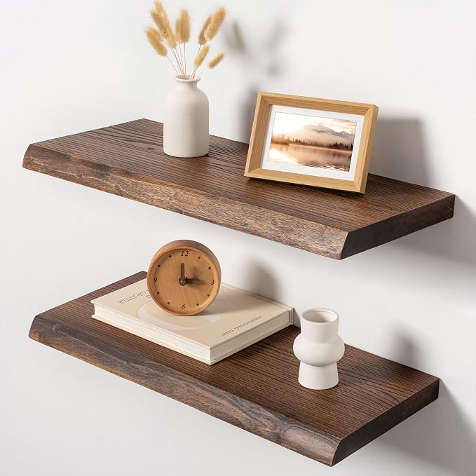 24" Live Edge Floating Shelves, Solid Elm Wood Wall Shelf Set of 2 | 1.4" Extra Thick, 9.3" Deep Heavy Duty Storage, FSC Certified, Vintage Weathered Finish for Kitchen & Coffee Bar