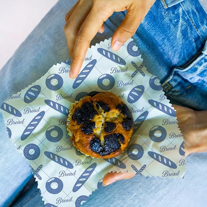 Reusable Beeswax Wraps, 9 Pack Eco-Friendly Food Covers, Organic, Sustainable, Zero Waste, Plastic-Free, For Sandwich, Snack, Bowl, 1XL, 3M, 5S, Assorted Blue & White Bread Bakery Pattern