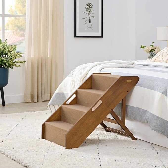 Stakmore Pet Steps with Solid Fruitwood Construction and Foldable Design, Stairs for High Beds for Pets in All Life Stages, Brown Felt