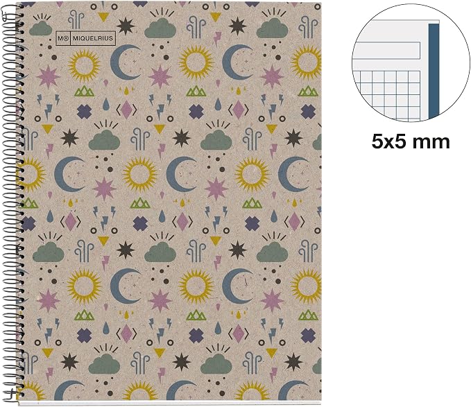 Miquelrius - 100% Recycled Notebook Notebook, 1 Colour Stripe, A4, 80 Sheets of 5 mm, 80 g Paper, 4 Drills, Recycled Cardboard Cover, Eco Moon Design