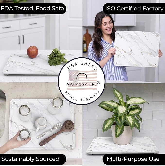 LARGE MATMOSPHERE Stone Dish Drying Mat for Kitchen Counter – Fast Absorbing Diatomaceous Mat with Stainless Steel Legs, Quick Dry, Dish Rack Mat, USA Small Business, 18”x14”, White Marble