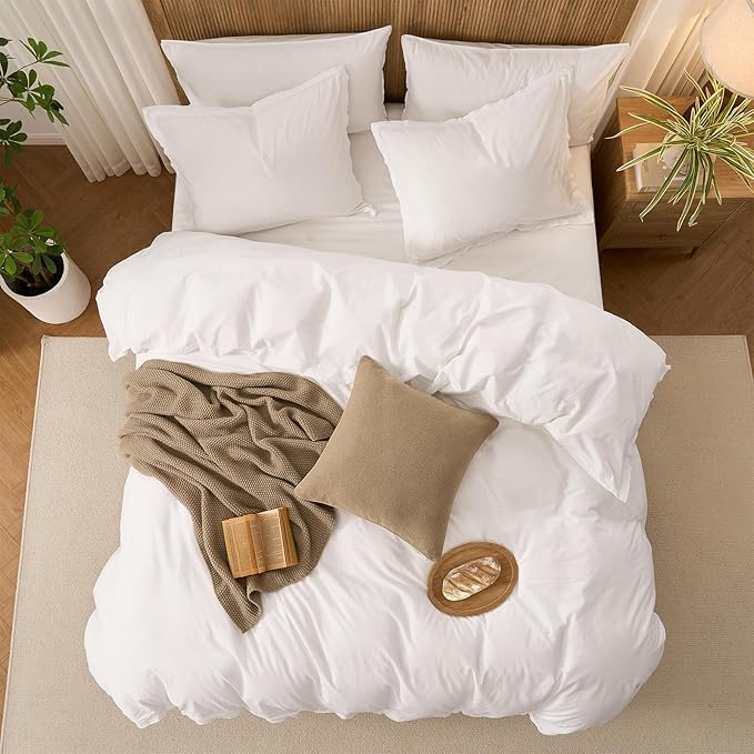 CLD COLLECTIONSDuvet Cover Set Queen Size, 100% Washed Cotton, Light Weight Breathable Comforter Cover Linen Feel, 3PCs Breathable Bedding Set for All Season, White 90"x90"