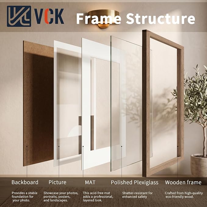 VCK 16x24 Poster Frames Walnut 3 Pack, Wide Border Wood, Display 16x24 Picture Photo with Mat or 12 x 18 Without, for Home, Office, Gallery, Woodgrain Series, Wall Hanging
