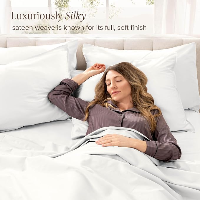 Bare Home 100% Organic Cotton Full Sheet Set - 400 Thread Count - Smooth Sateen Weave - Breathable & Cooling - Hotel Luxury Set - Deep Pocket Bed Sheets (Full, White)