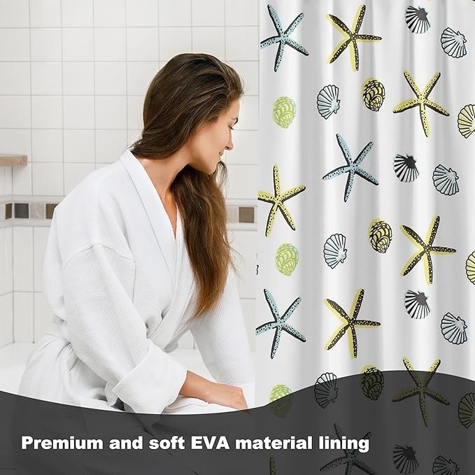 Plastic Shower Curtain Liner, Premium EVA 5G Starfish Shower Curtain, Shower Curtains for Bathroom with 3 Magnetic Weights and Rustproof Grommets (Starfish, 72x72 in)
