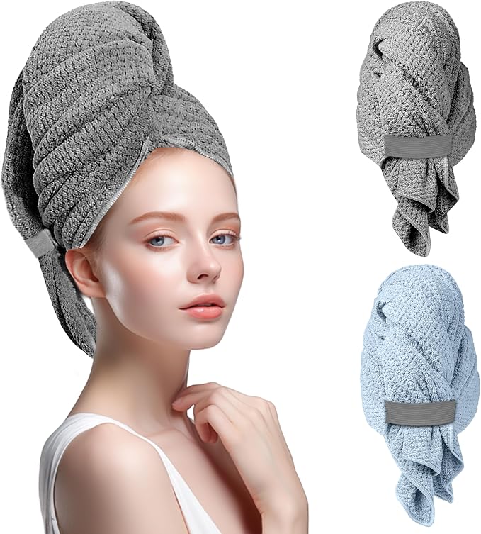 2-Pack Microfiber Hair Towel - 39" x 24" Super Absorbent, Fast Drying Hair Towel Wrap for Women Long, Curly Hair - Turbans with Elastic Strap for Travel, Gym & Workouts