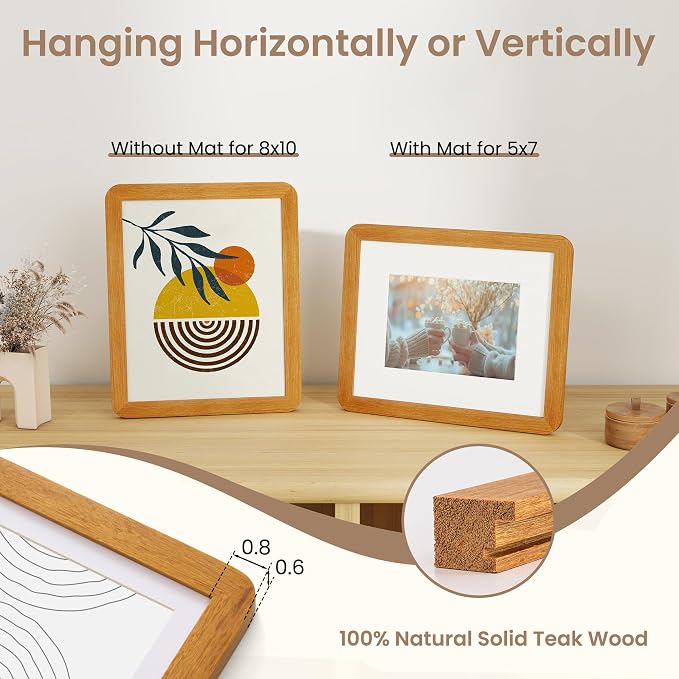 Fun Memories 8x10 Picture Frame - Solid Teak Wood Frame with Real Glass, 8x10 Photo Frame Matted to 5x7 for Wall & Tabletop Display, Natural Teak