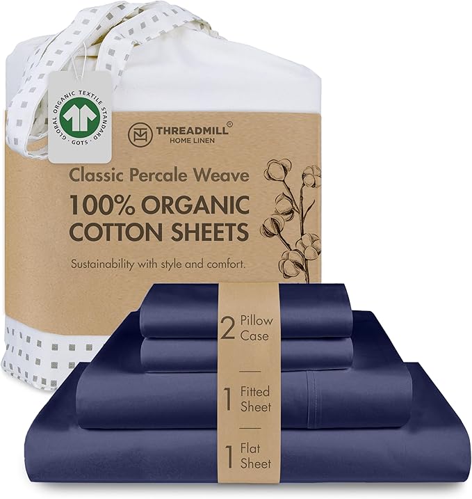 Threadmill Luxury Organic Cotton Sheets - Certified by GOTS - King, 4 Piece, Folkstone Blue - Breathable - Premium Sheet Set - Smooth and Cool Bedding with Perfect Elastic Deep Pocket Fit