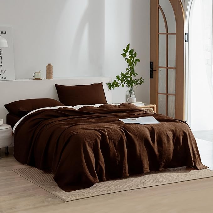 EVERLY Linen Sheets Set King Size,100% French Stonewash Pure Linen Bed Sheets,4Pieces (1Flat Sheet,1Fitted Sheet,2Pillowcase) Suitable for Hot Sleepers,Deep Pocket Natural Bedding Set-Chocolate