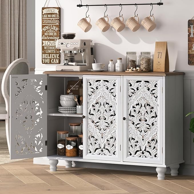 JOINICE Accent Cabinet with 3 Carved Doors,Farmhouse Buffet Cabinet with Storage for Living Room, Entryway, Dining Room, Coffee Bar(White)