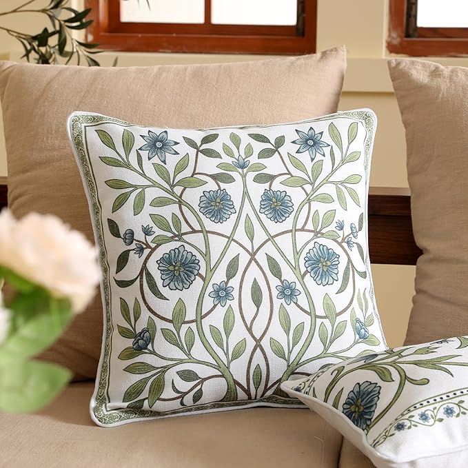 ISAENNE Design Fresh Linen Square Throw Pillow Covers 18"x18" Pack of 2, French White Cottage Cushion Covers with Blue Floral Branches Pattern Decor Pillowcases for Bed,Living Room,Outdoor,Car